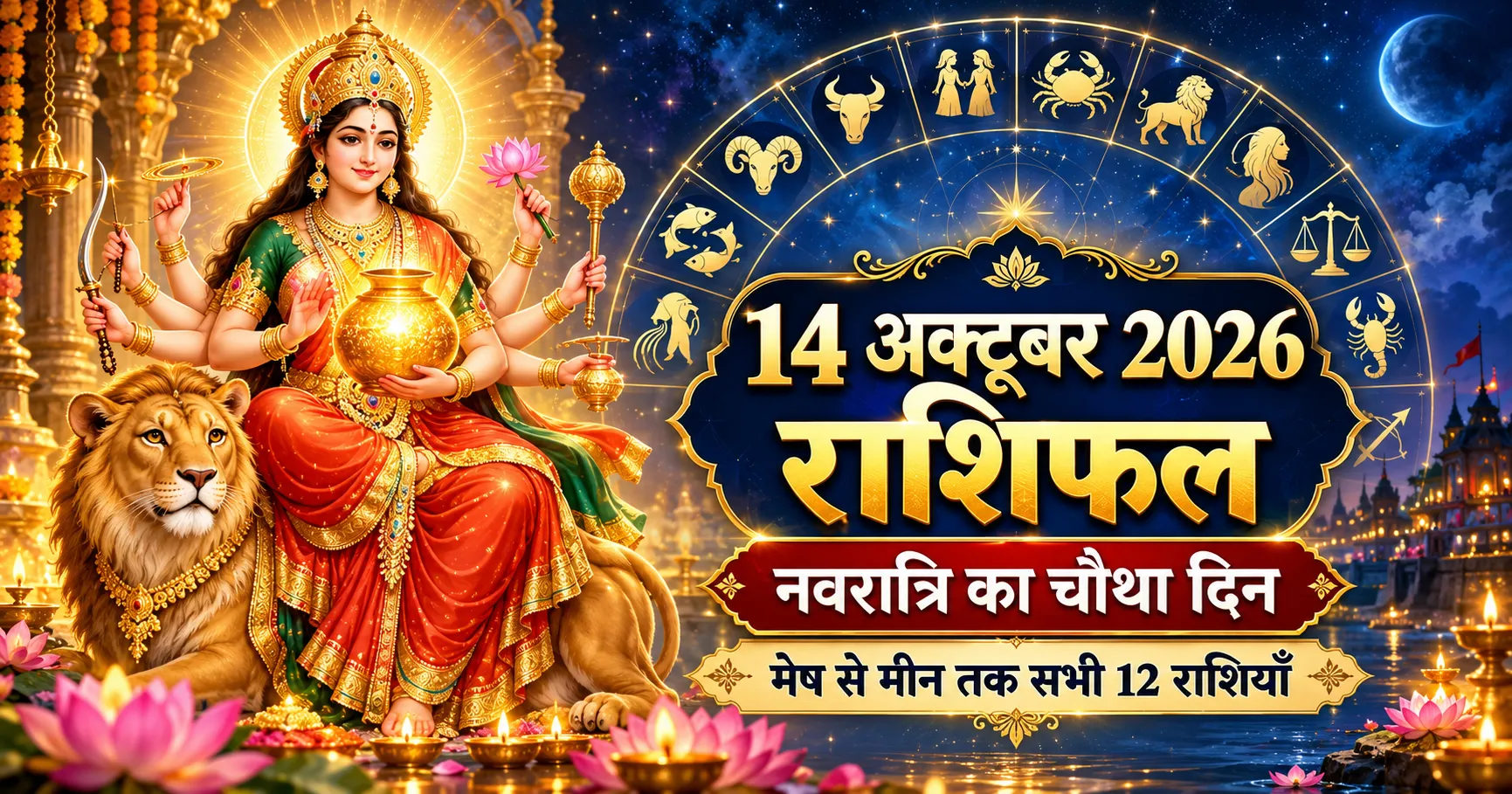 14 अक्टूबर 2026 दैनिक राशिफल की इमेज, जिसमें सिंह पर विराजमान मां कूष्मांडा, 12 राशियों का चक्र और नवरात्रि के चौथे दिन की जानकारी है।