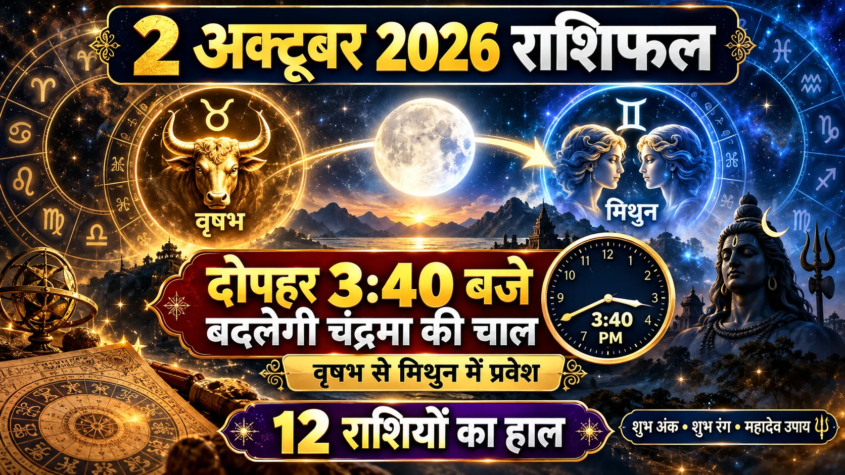 2 अक्टूबर 2026 राशिफल, दोपहर 3:40 बजे चंद्रमा वृषभ से मिथुन राशि में प्रवेश और 12 राशियों का हाल
