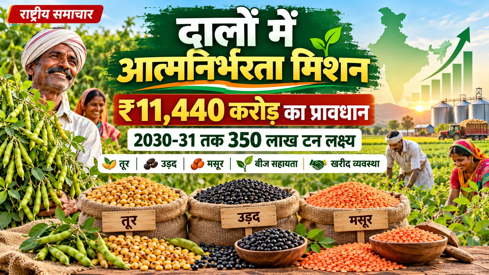 दालों में आत्मनिर्भरता मिशन: ₹11,440 करोड़ का प्रावधान, 2030-31 तक 350 लाख टन उत्पादन लक्ष्य