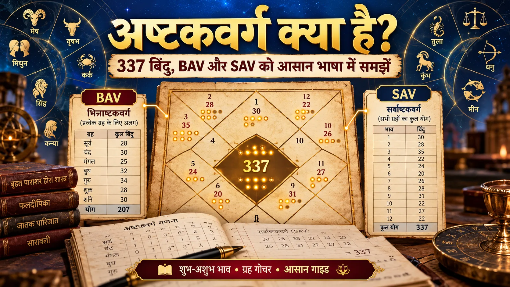अष्टकवर्ग क्या है? कुंडली में 337 बिंदु, भिन्नाष्टकवर्ग BAV और सर्वाष्टकवर्ग SAV की गणना का चित्र