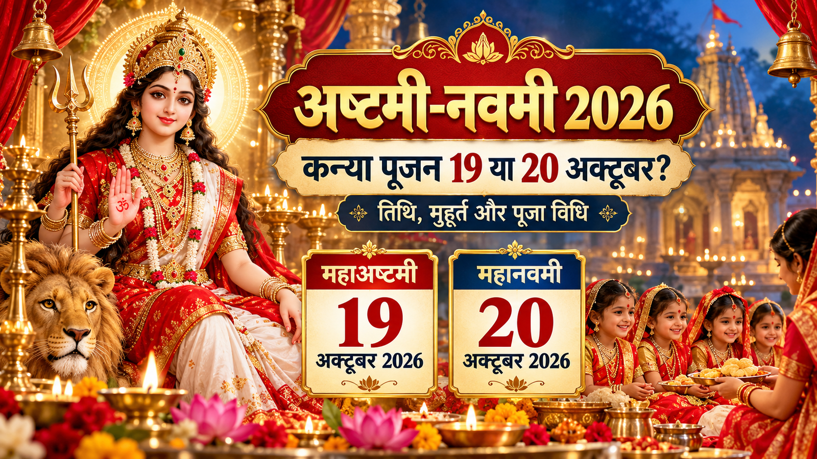 शारदीय नवरात्रि अष्टमी नवमी 2026 की फीचर्ड इमेज, मां दुर्गा, कन्या पूजन और 19 व 20 अक्टूबर की तारीखें