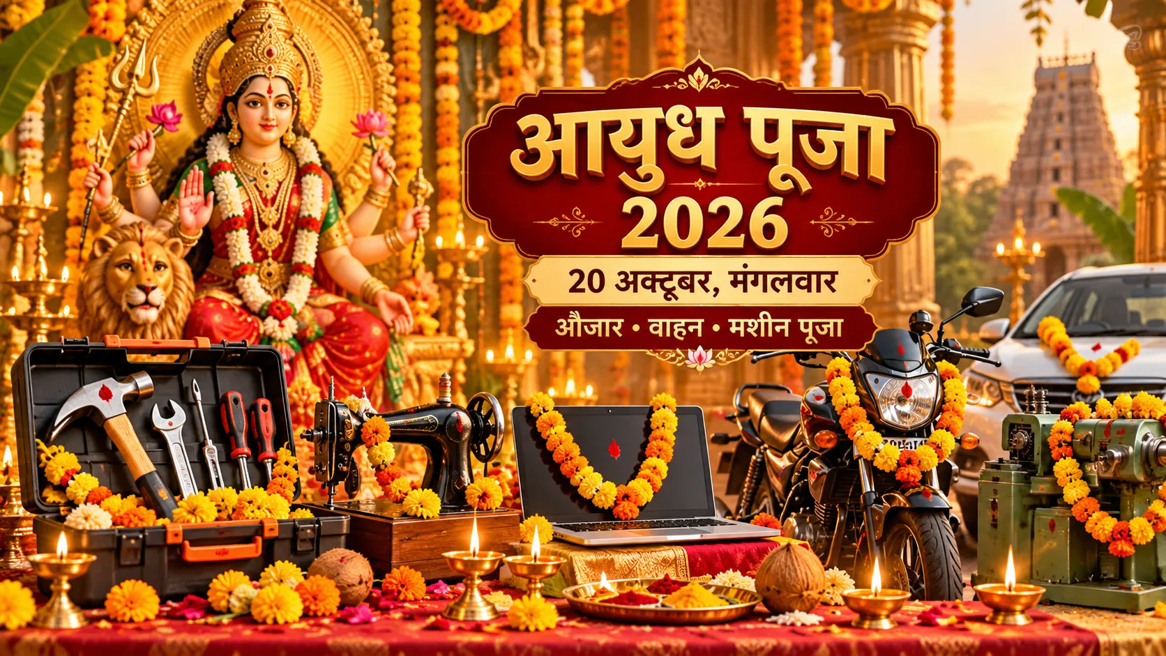 आयुध पूजा 2026 की फीचर्ड इमेज, जिसमें मां दुर्गा के साथ औजार, कार, मोटरसाइकिल, सिलाई मशीन और लैपटॉप की पूजा का चित्रण है