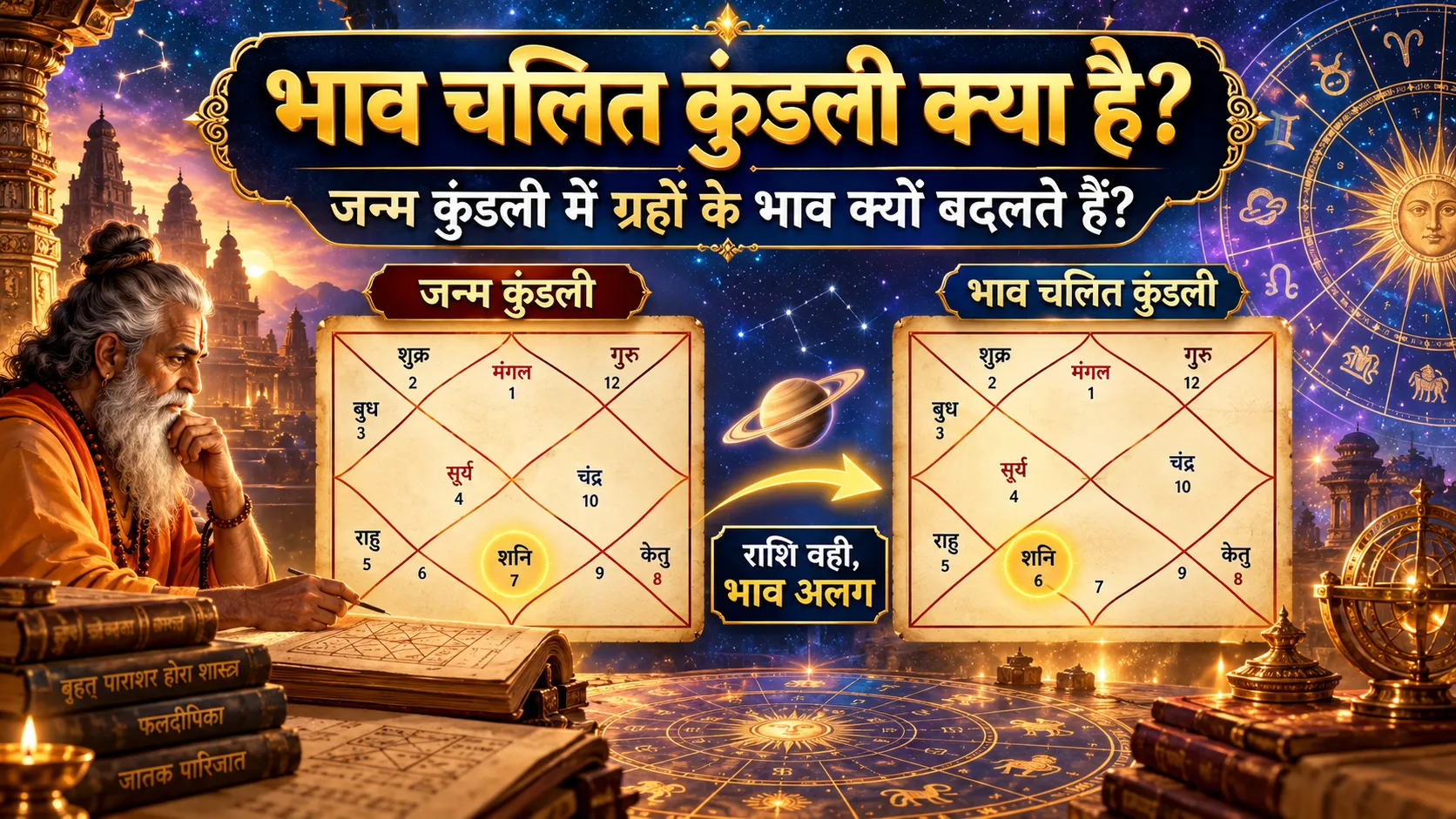 भाव चलित कुंडली और जन्म कुंडली के दो ज्योतिषीय चार्ट की तुलना, शनि ग्रह के भाव परिवर्तन का उदाहरण