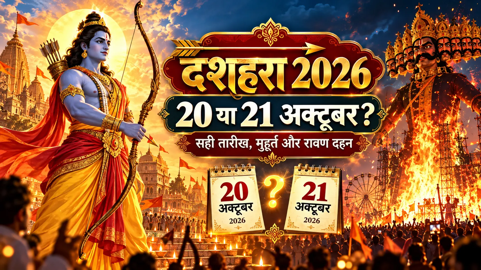 दशहरा 2026 कब है 20 या 21 अक्टूबर, भगवान श्रीराम और जलते रावण के पुतले के साथ विजयादशमी की तारीख दर्शाती तस्वीर