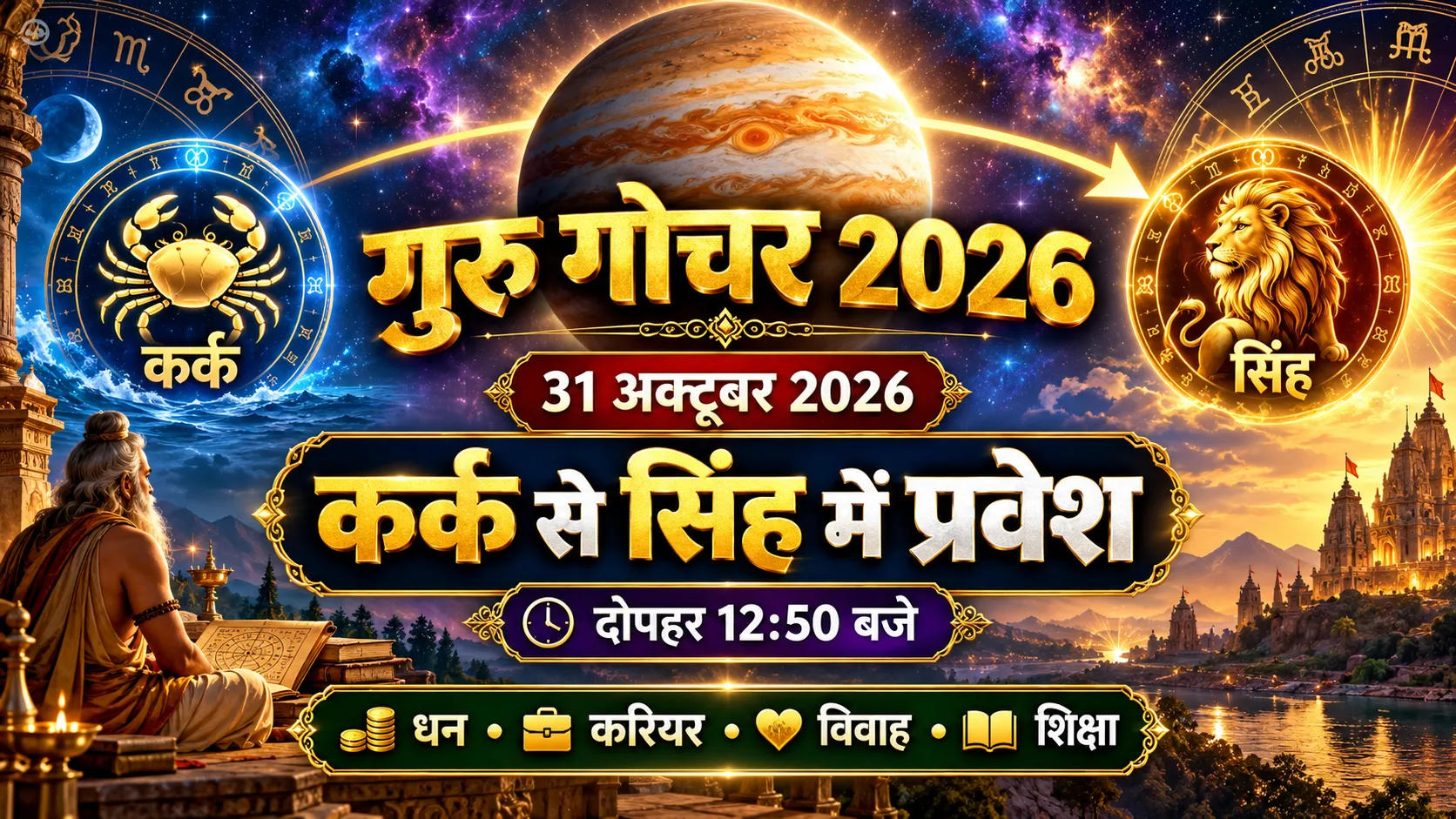 गुरु गोचर 2026, 31 अक्टूबर को बृहस्पति का कर्क से सिंह राशि में प्रवेश, धन करियर विवाह और शिक्षा पर प्रभाव