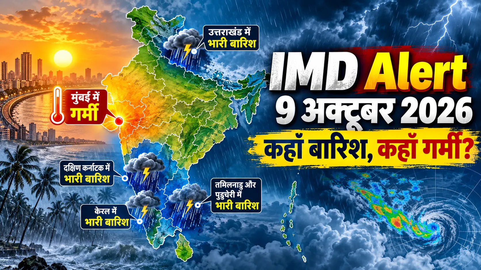 IMD Weather Alert 9 October 2026: इन राज्यों में भारी बारिश और बिजली गिरने की चेतावनी, मुंबई में गर्मी का असर—जानें यूपी, बिहार और पूरे भारत का मौसम