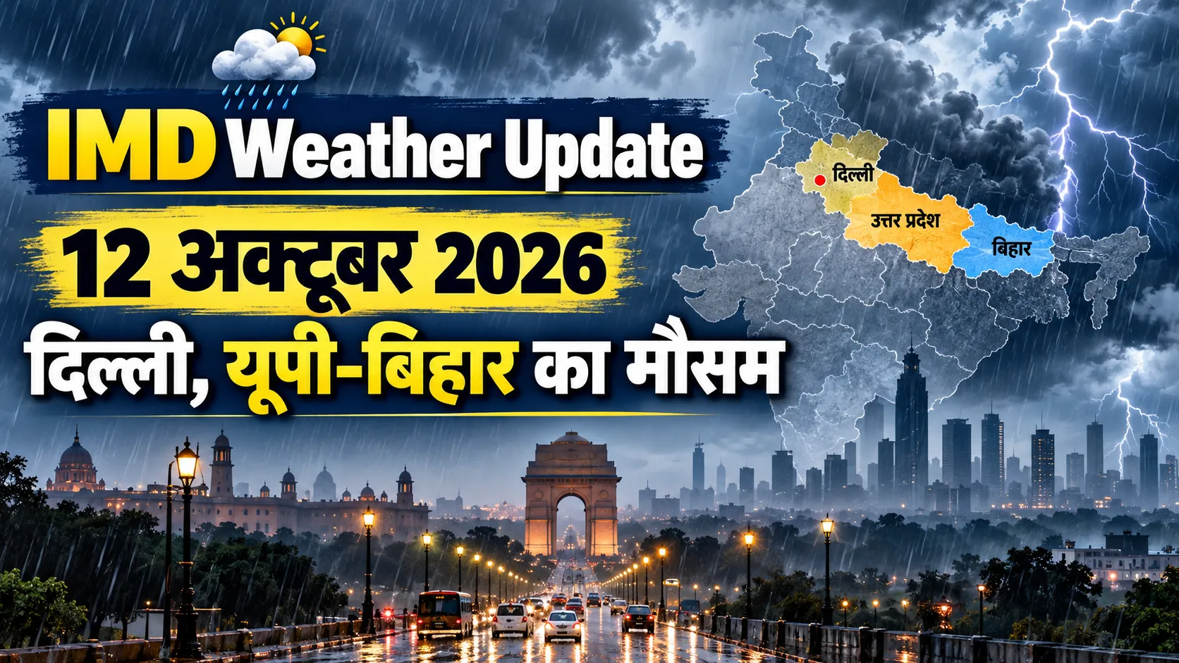 IMD Weather Update 12 October 2026: दिल्ली, उत्तर प्रदेश और बिहार के मौसम की जानकारी दर्शाती भारत के नक्शे और बारिश की प्रतीकात्मक तस्वीर
