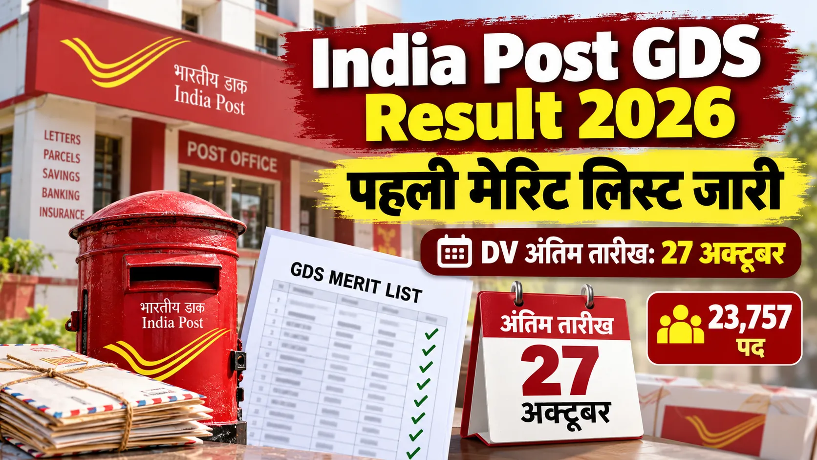 India Post GDS Result 2026 की पहली मेरिट लिस्ट जारी, भारतीय डाकघर, चयन सूची और 27 अक्टूबर की DV अंतिम तारीख दर्शाती इमेज