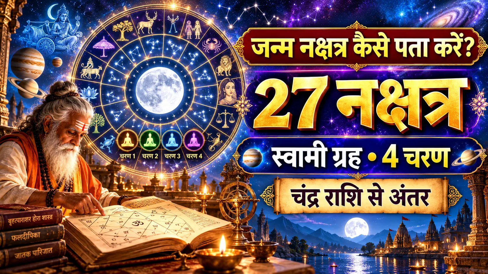 जन्म नक्षत्र कैसे पता करें पोस्ट की featured image, जिसमें 27 नक्षत्र, स्वामी ग्रह, 4 चरण, चंद्रमा और वैदिक ज्योतिष का प्रतीकात्मक चित्रण दिखाया गया है