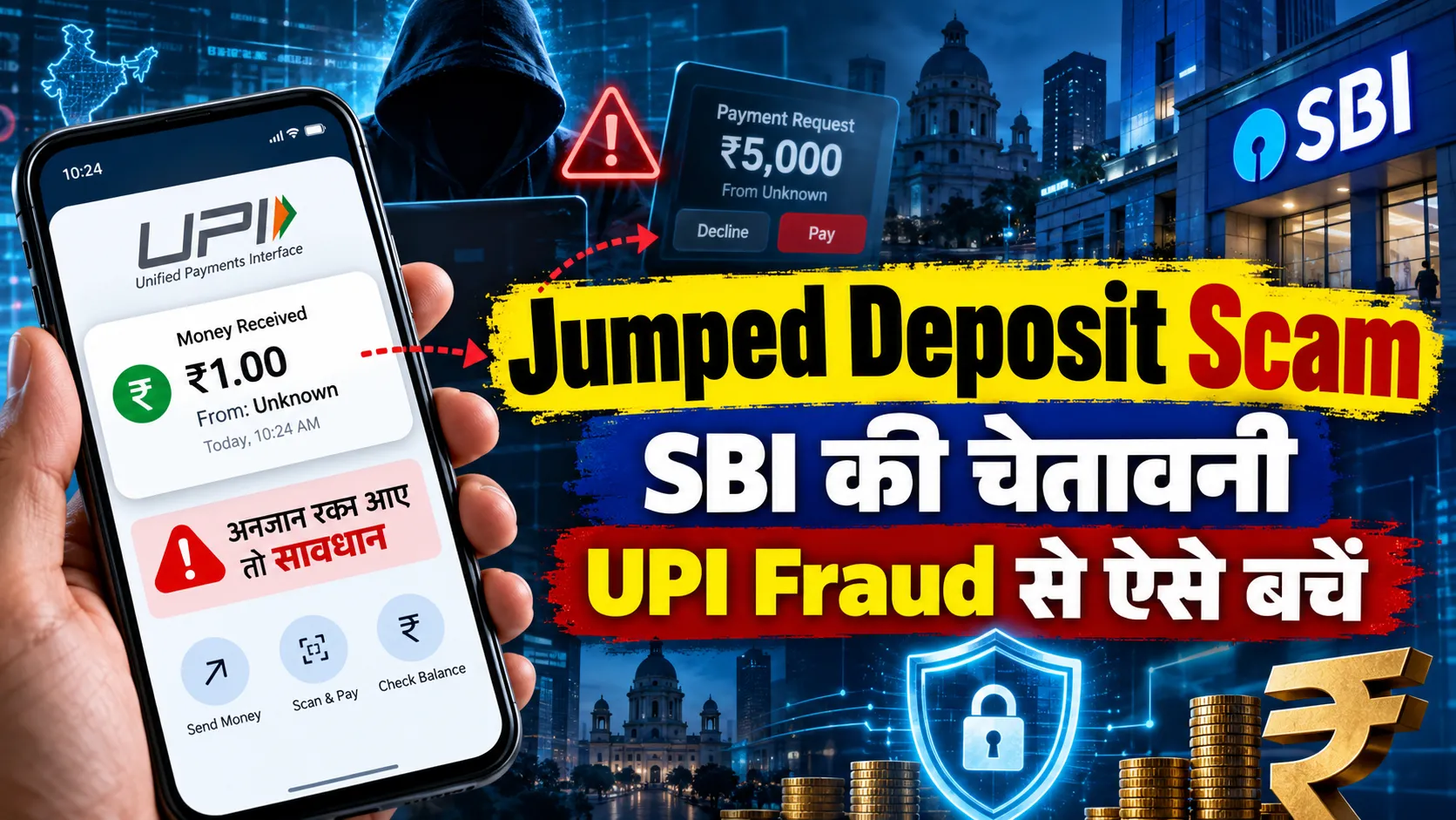 Jumped Deposit Scam पर SBI चेतावनी दर्शाती featured image, जिसमें UPI payment fraud, unknown money received alert और cyber fraud warning दिखाई गई है