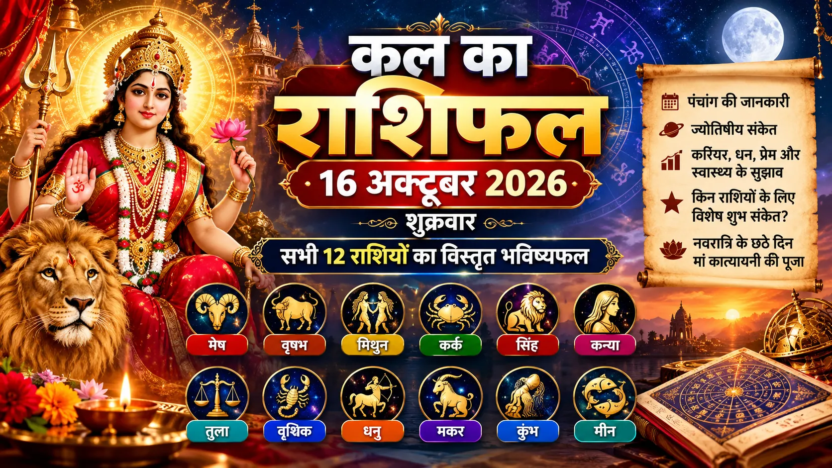 कल का राशिफल 16 अक्टूबर 2026: शुक्रवार को इन 5 राशियों के लिए शुभ संकेत, मां कात्यायनी की कृपा से जानें मेष से मीन तक भविष्यफल