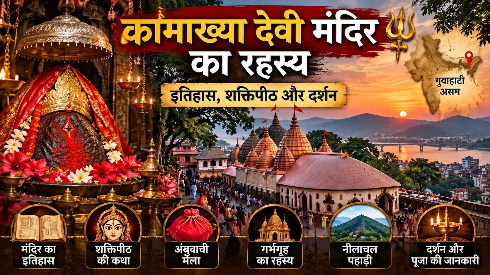 कामाख्या देवी मंदिर की featured image, जिसमें गुवाहाटी का कामाख्या मंदिर, शक्तिपीठ, गर्भगृह और दर्शन से जुड़ा धार्मिक चित्रण दिखाया गया है