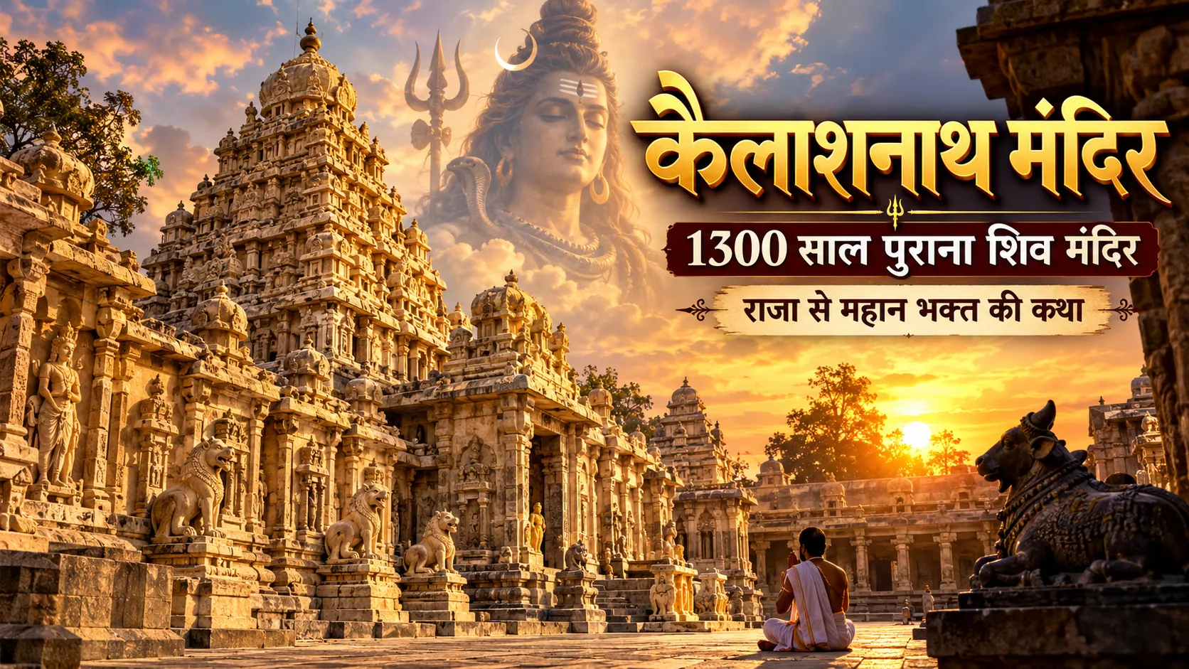 कांचीपुरम के 1300 साल पुराने कैलाशनाथ शिव मंदिर का प्राचीन पल्लव स्थापत्य, पृष्ठभूमि में भगवान शिव का कलात्मक स्वरूप और मंदिर परिसर में बैठा भक्त