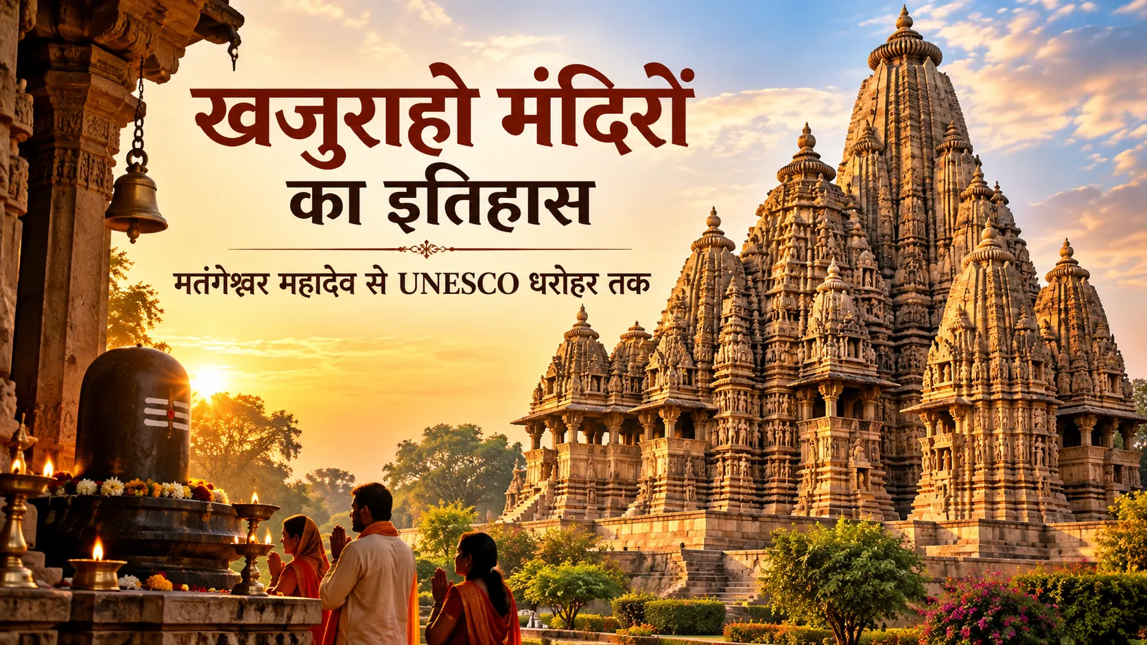 खजुराहो मंदिरों के इतिहास की सांकेतिक इमेज, प्राचीन नागर शैली के मंदिर, मतंगेश्वर महादेव का शिवलिंग और पूजा करते श्रद्धालु