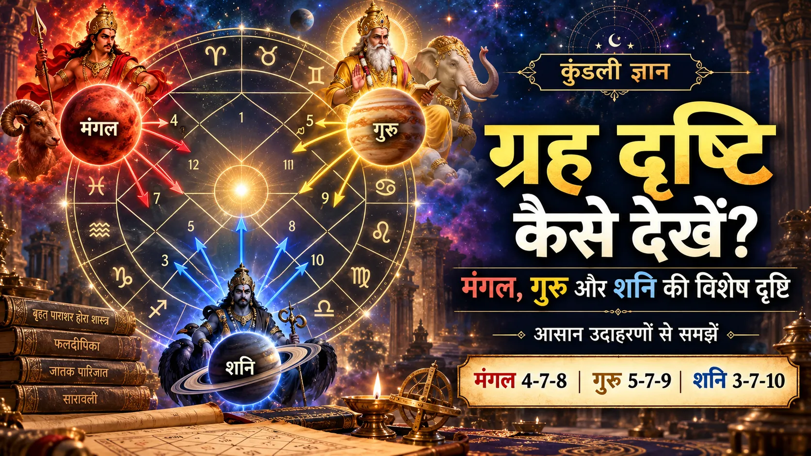 कुंडली में ग्रहों की दृष्टि कैसे देखें? मंगल, गुरु और शनि की विशेष दृष्टि आसान उदाहरणों से समझें