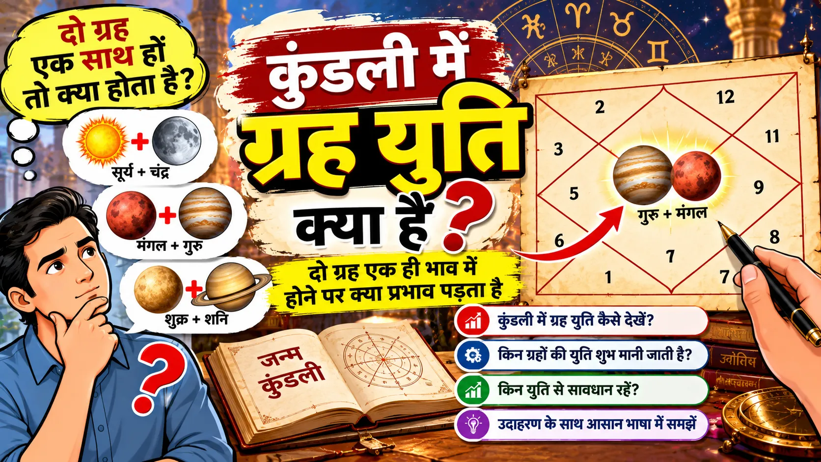 कुंडली में दो ग्रह एक साथ हों तो क्या होता है? ग्रह युति, 12 भाव और डिग्री की पूरी हिंदी गाइड