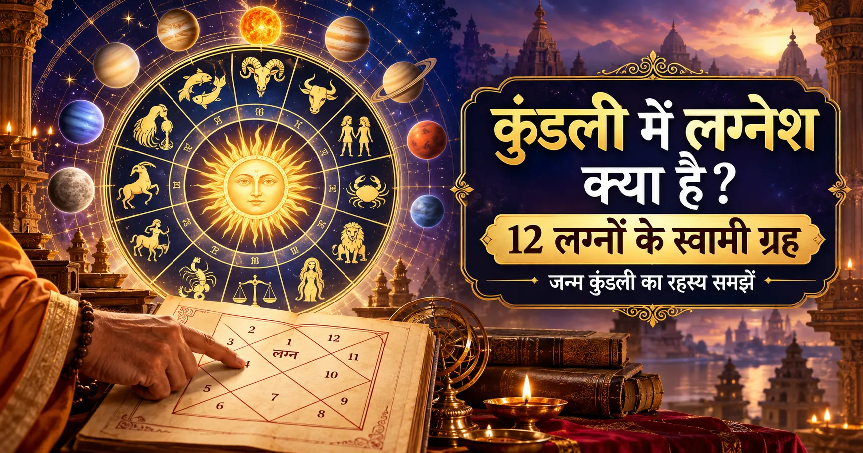 कुंडली में लग्नेश क्या है समझाती इमेज, जिसमें 12 राशियों का ज्योतिष चक्र, ग्रहों के प्रतीक और जन्म कुंडली पर संकेत करता हुआ हाथ दिखाया गया है।