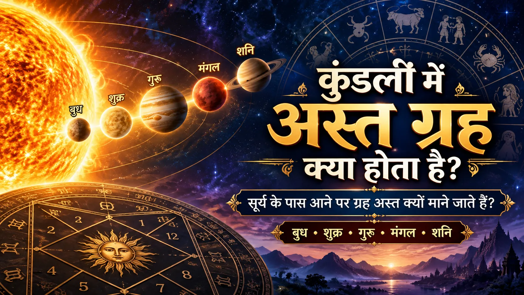 कुंडली में अस्त ग्रह की व्याख्या दर्शाती ज्योतिषीय इमेज, जिसमें सूर्य, बुध, शुक्र, गुरु, मंगल और शनि की स्थितियां दिखाई गई हैं