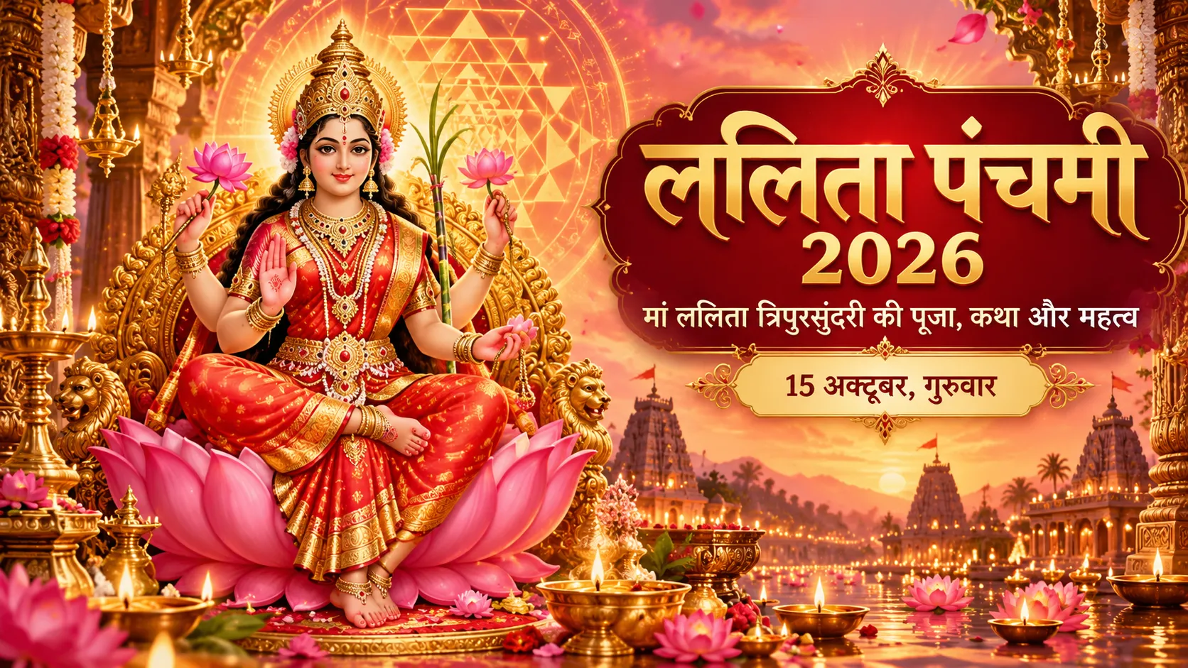 ललिता पंचमी 2026 पर कमल पर विराजमान मां ललिता त्रिपुरसुंदरी का चित्र, 15 अक्टूबर की पूजा और धार्मिक महत्व