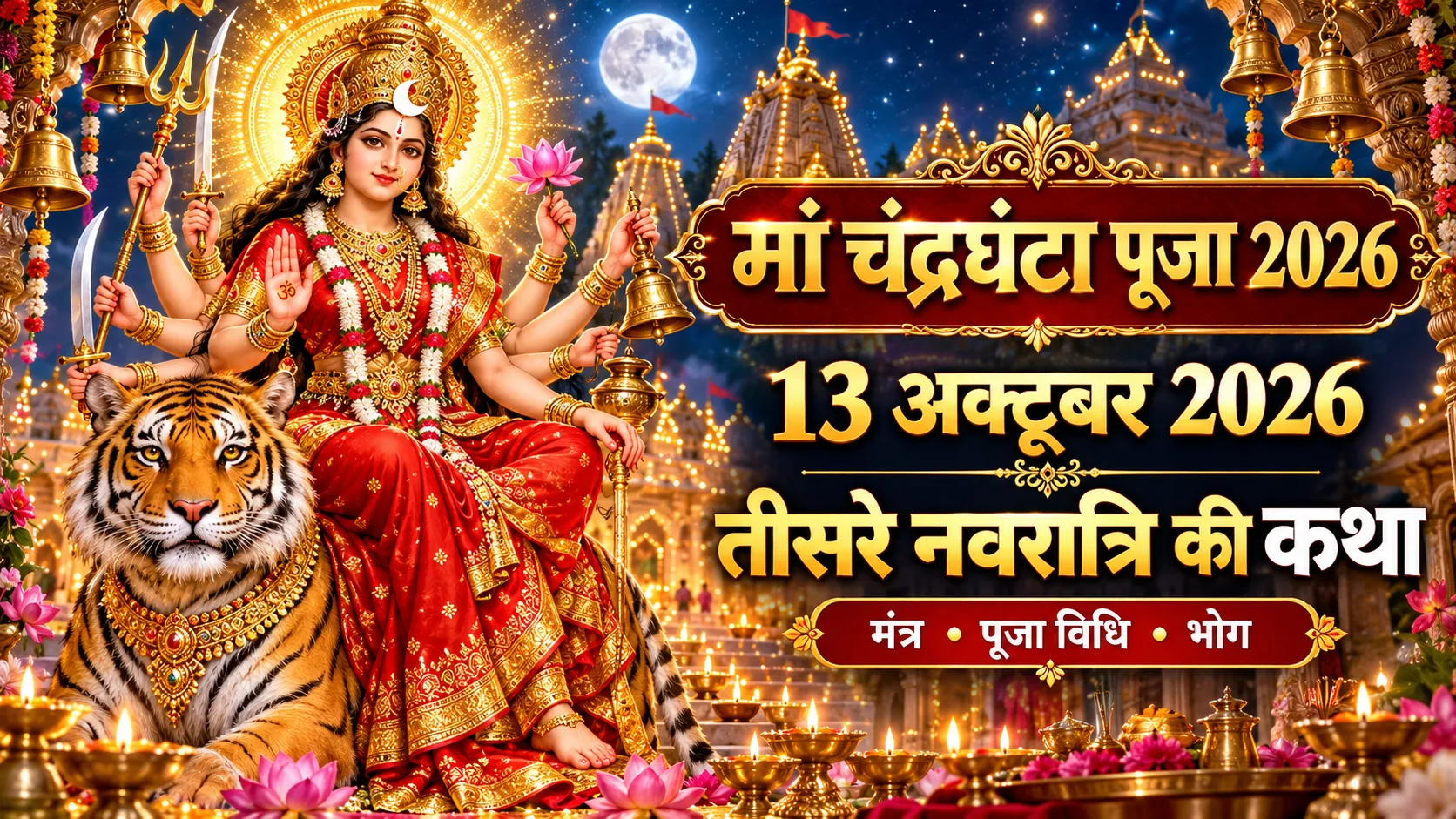 मां चंद्रघंटा पूजा 2026 की featured image, जिसमें तीसरे नवरात्रि की कथा, 13 अक्टूबर 2026, देवी का दिव्य स्वरूप और पूजा विधि का संकेतात्मक चित्रण दिखाया गया है