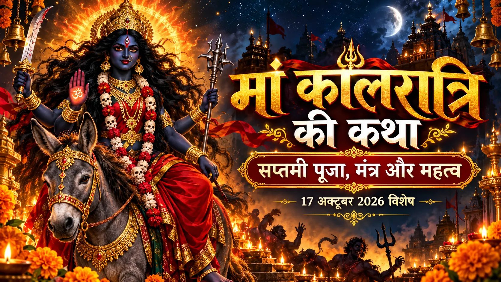 मां कालरात्रि का दिव्य स्वरूप, गधा वाहन, हाथों में आयुध और नवरात्रि सप्तमी 2026 पूजा का धार्मिक चित्रण