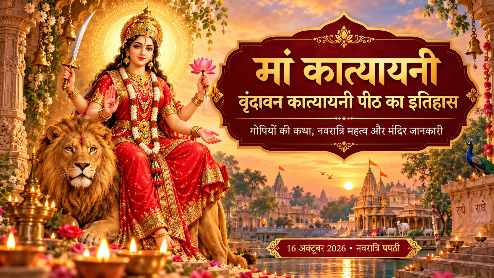 सिंह पर विराजमान मां कात्यायनी का चित्र, वृंदावन कात्यायनी पीठ का इतिहास और नवरात्रि षष्ठी 2026