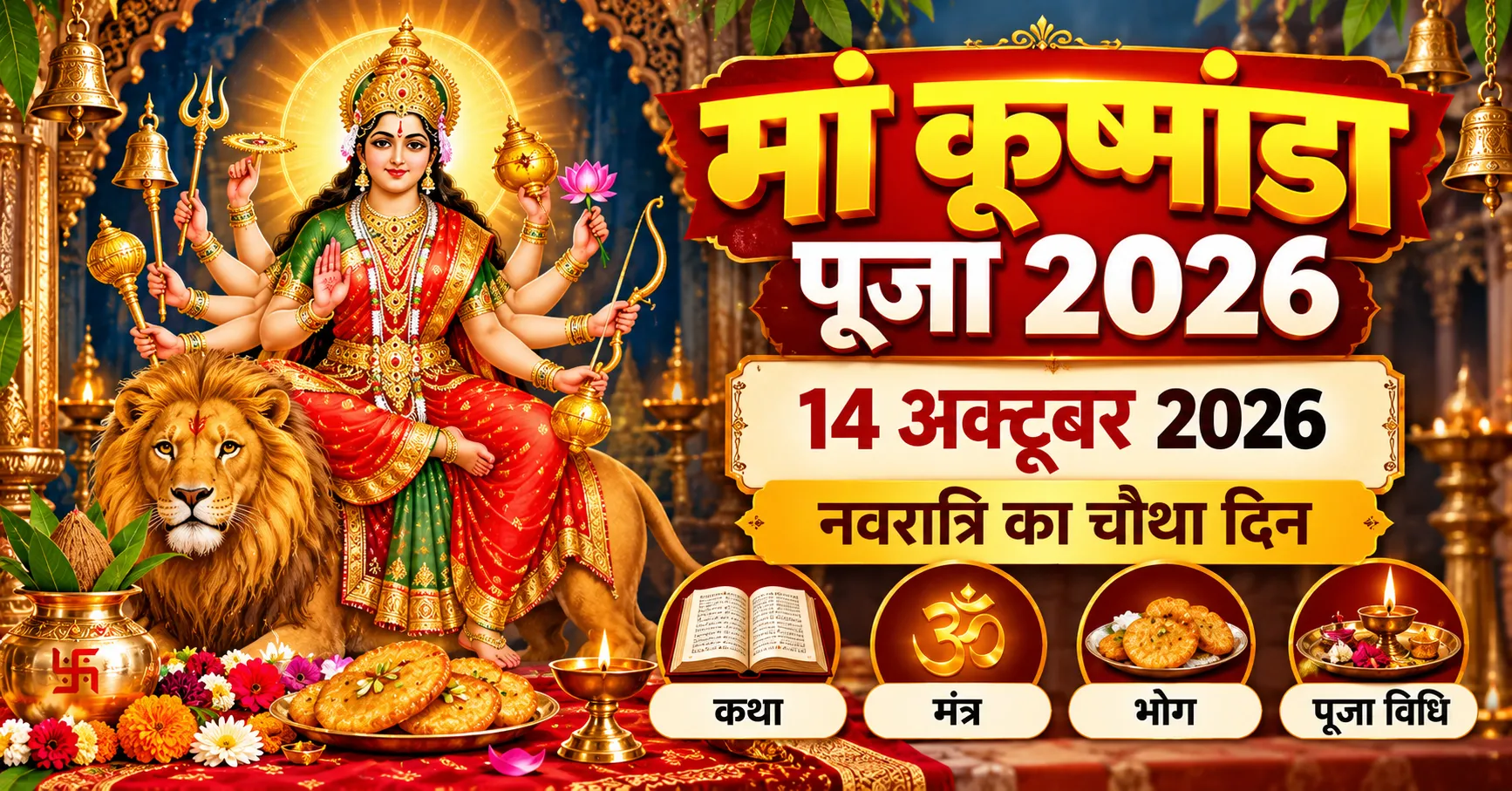 सिंह पर विराजमान अष्टभुजा मां कूष्मांडा का चित्र, साथ में 14 अक्टूबर 2026, नवरात्रि का चौथा दिन और कथा, मंत्र, भोग व पूजा विधि का विवरण।