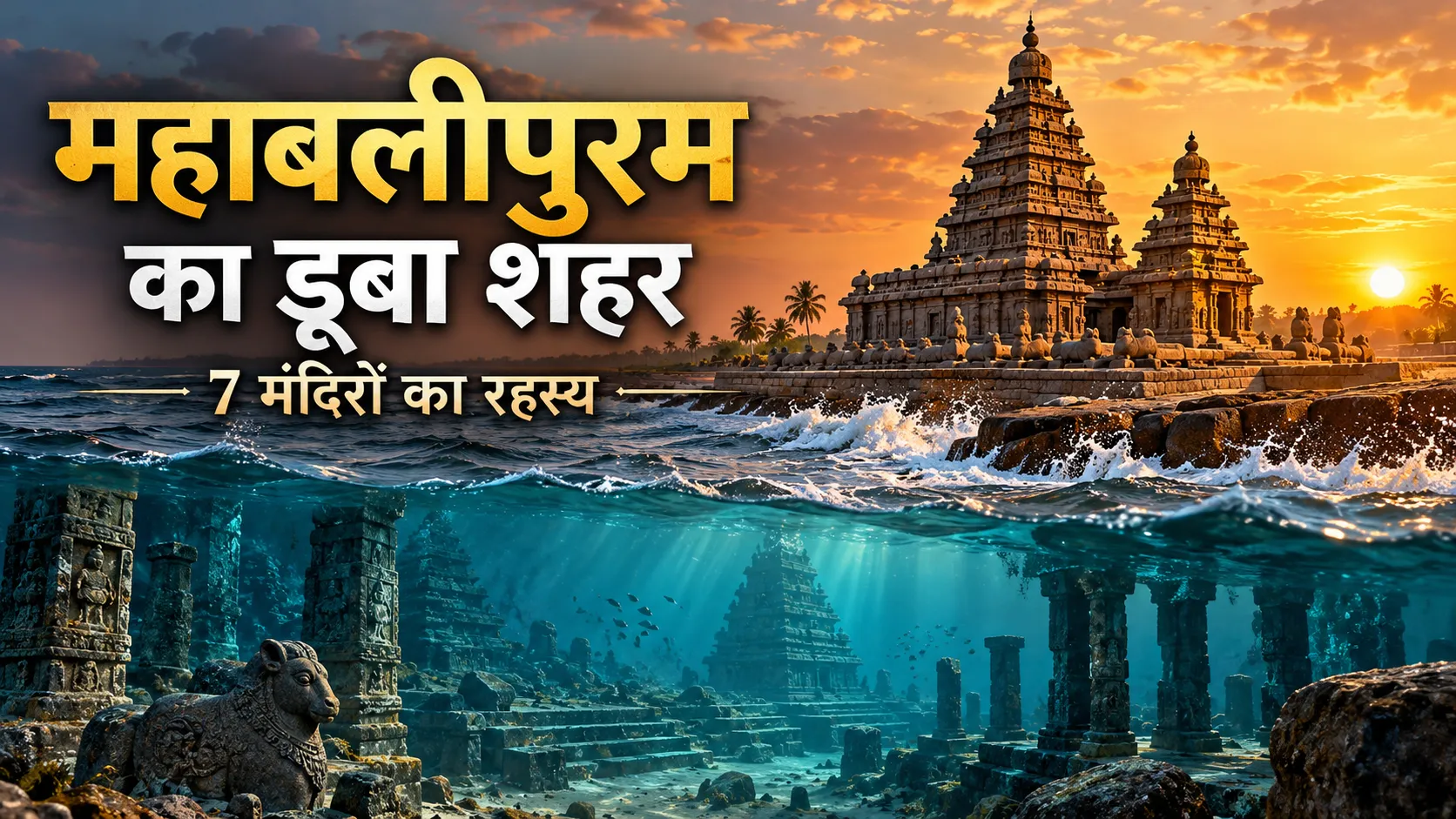 महाबलीपुरम का प्राचीन शोर मंदिर और समुद्र के नीचे डूबे मंदिरों के कल्पनात्मक अवशेष, सात पैगोडा के रहस्य का चित्रण