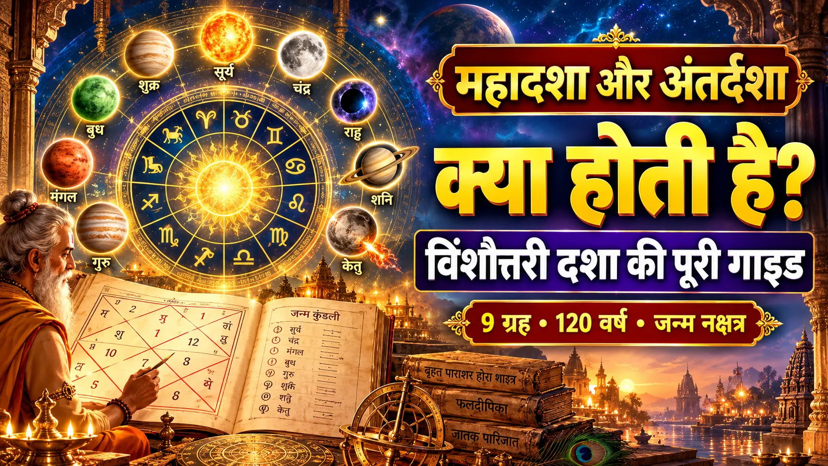 महादशा और अंतर्दशा की featured image, जिसमें विंशोत्तरी दशा, नवग्रह, जन्म कुंडली और वैदिक ज्योतिष का प्रतीकात्मक चित्रण दिखाया गया है