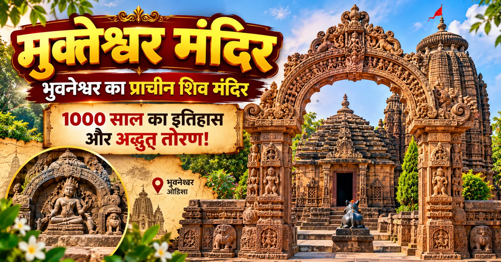 भुवनेश्वर के मुक्तेश्वर शिव मंदिर का कलात्मक चित्रण, जिसमें नक्काशीदार तोरण, कलिंग शैली का मंदिर, नंदी प्रतिमा और मंदिर के इतिहास का हिंदी शीर्षक दिखाई देता है।