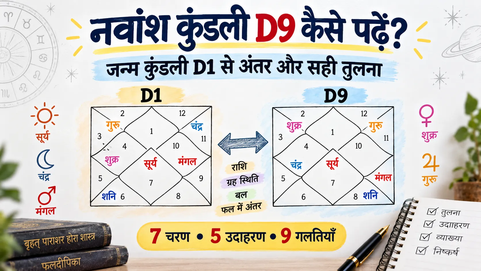 नवांश कुंडली D9 कैसे पढ़ें? जन्म कुंडली D1 और D9 चार्ट की तुलना, 7 चरण, 5 उदाहरण और 9 गलतियाँ