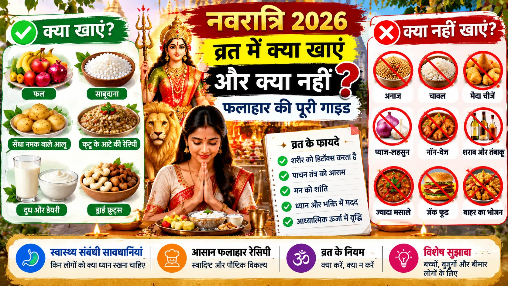 नवरात्रि व्रत 2026 में क्या खाएं और क्या नहीं, फलाहार गाइड में फल, साबूदाना, कुट्टू, दूध, मेवे और परहेज वाले खाद्य पदार्थों का चित्र