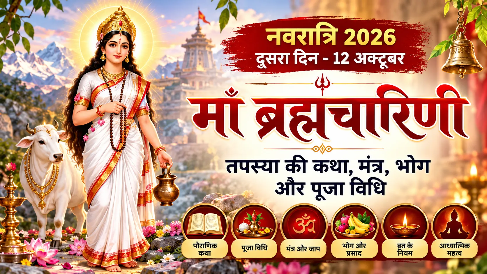 मां ब्रह्मचारिणी पूजा 2026 की तस्वीर, नवरात्रि के दूसरे दिन देवी के हाथों में जपमाला और कमंडल, 12 अक्टूबर की पूजा विधि, मंत्र और कथा