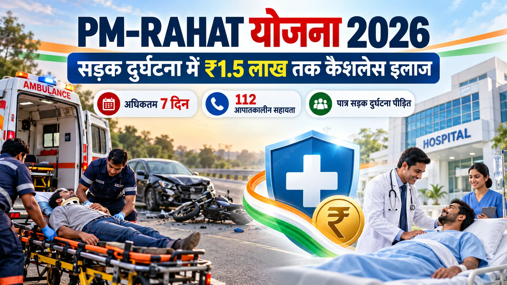 PM-RAHAT योजना 2026 में सड़क दुर्घटना पीड़ितों को ₹1.5 लाख तक कैशलेस इलाज, अधिकतम 7 दिन और 112 आपातकालीन सहायता की जानकारी