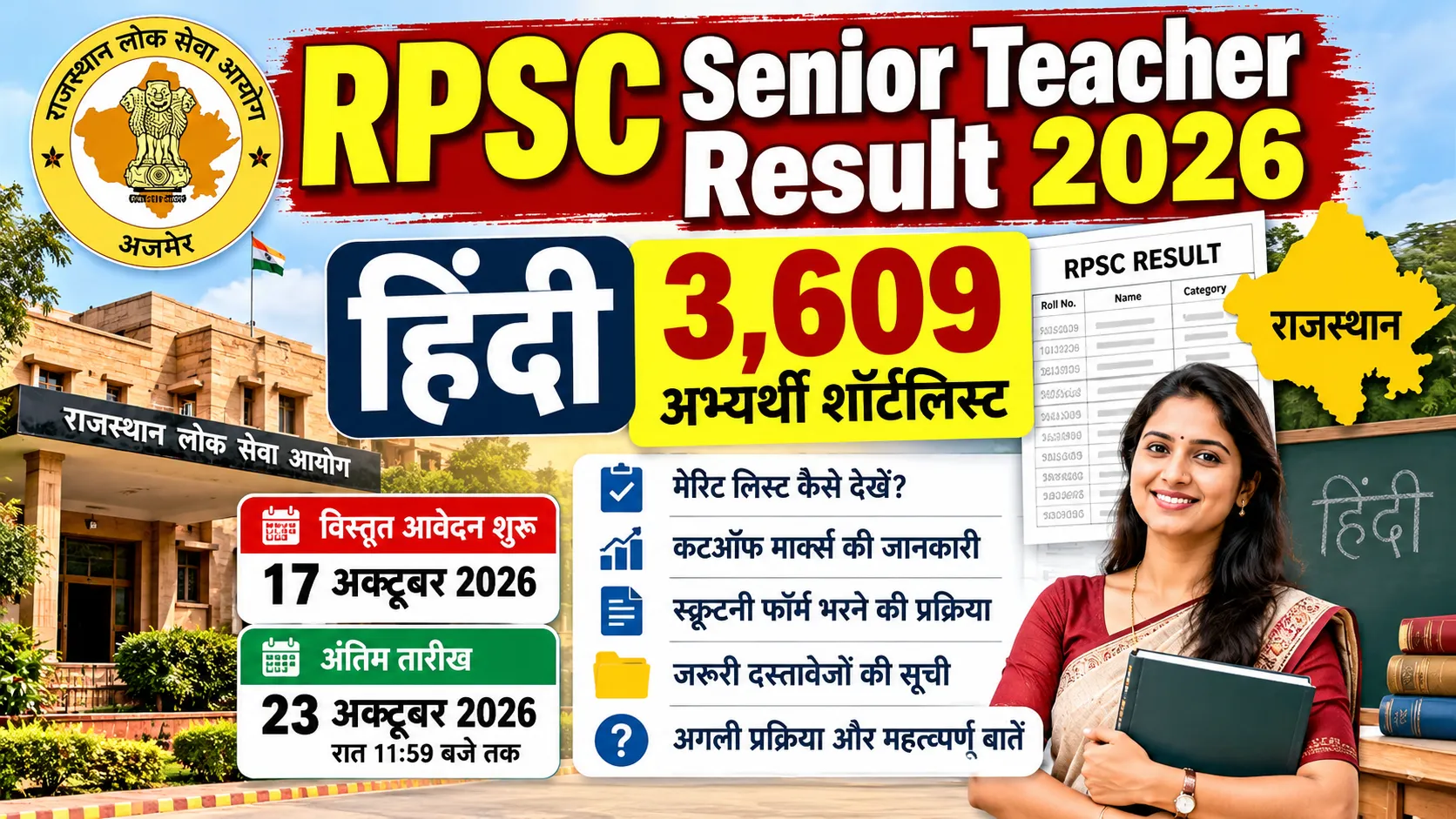RPSC Senior Teacher Hindi Result 2026 – हिंदी विषय में 3609 अभ्यर्थी शॉर्टलिस्ट, मेरिट लिस्ट और 17 से 23 अक्टूबर तक स्क्रूटनी फॉर्म की जानकारी