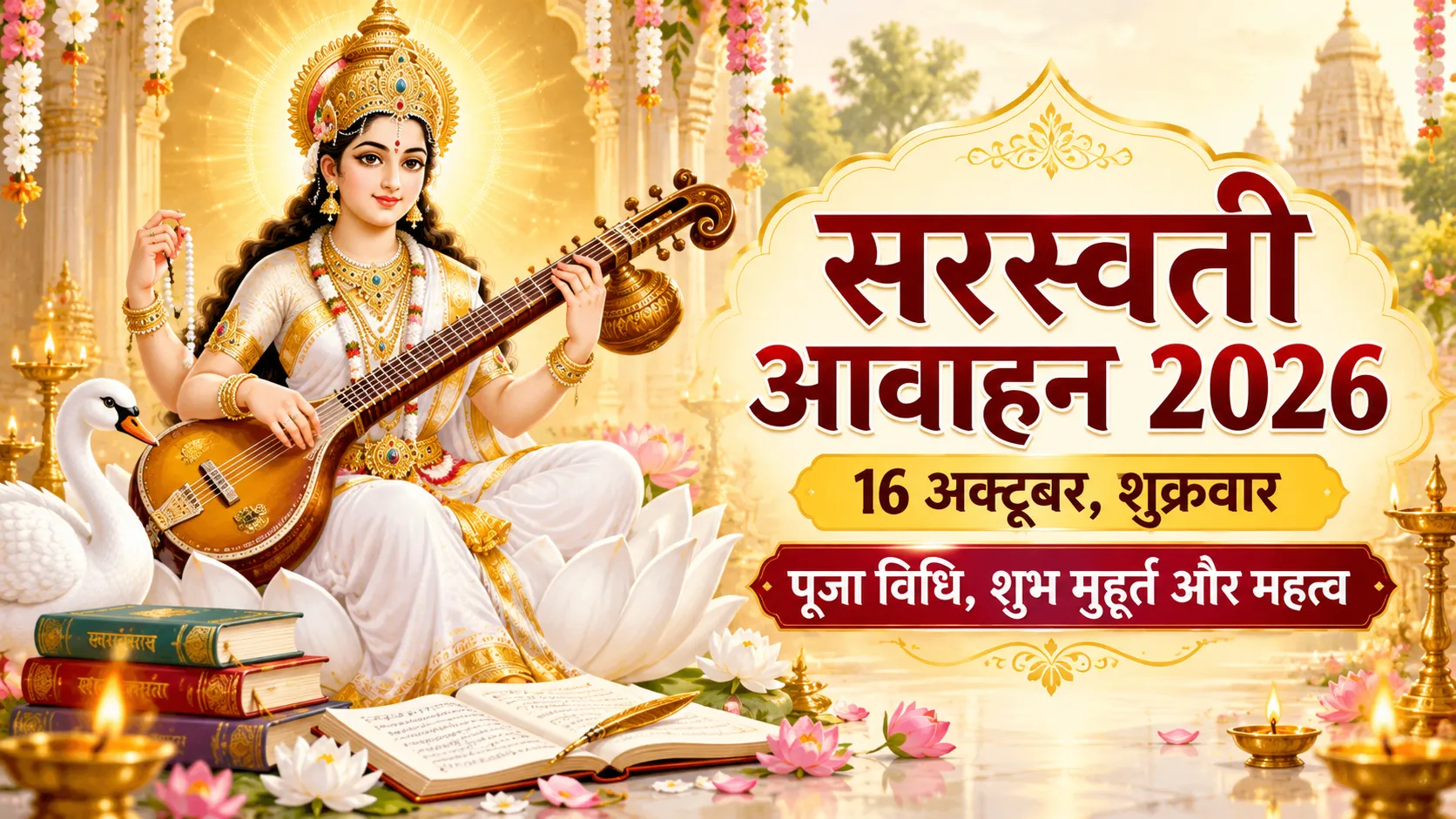 सरस्वती आवाहन 2026 की फीचर्ड इमेज, जिसमें वीणा धारण किए मां सरस्वती कमल पर विराजमान हैं और 16 अक्टूबर की पूजा विधि तथा महत्व बताया गया है।