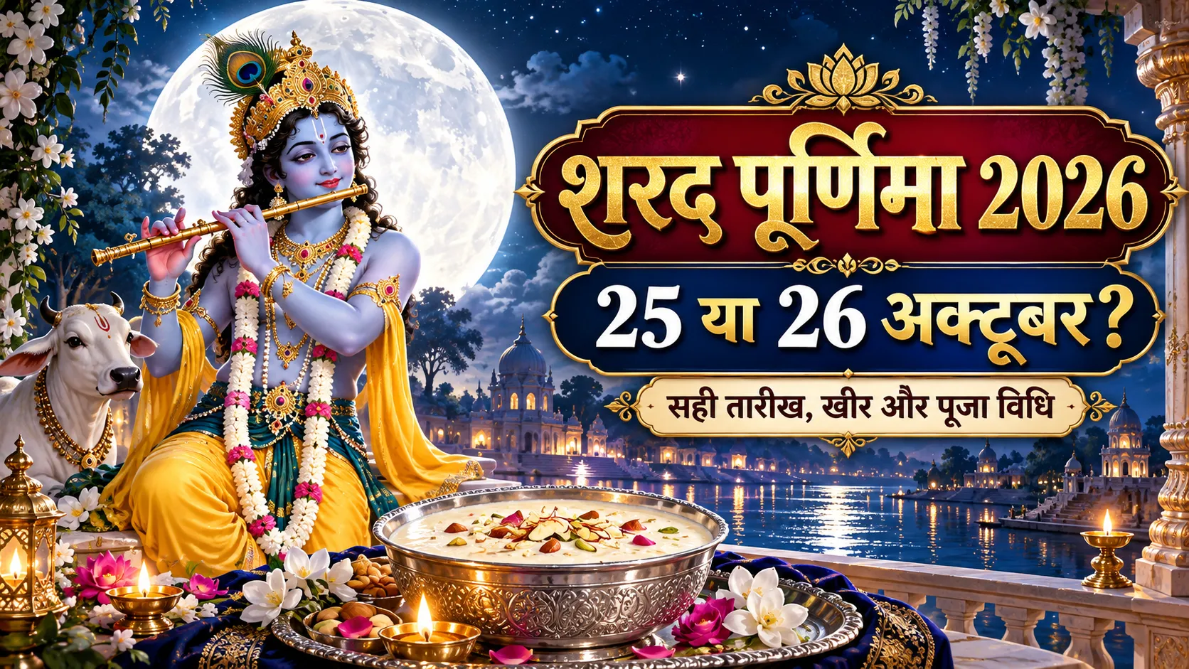 शरद पूर्णिमा 2026 की तारीख 25 या 26 अक्टूबर, पूर्ण चंद्रमा के सामने बांसुरी बजाते भगवान श्रीकृष्ण और खीर का पात्र