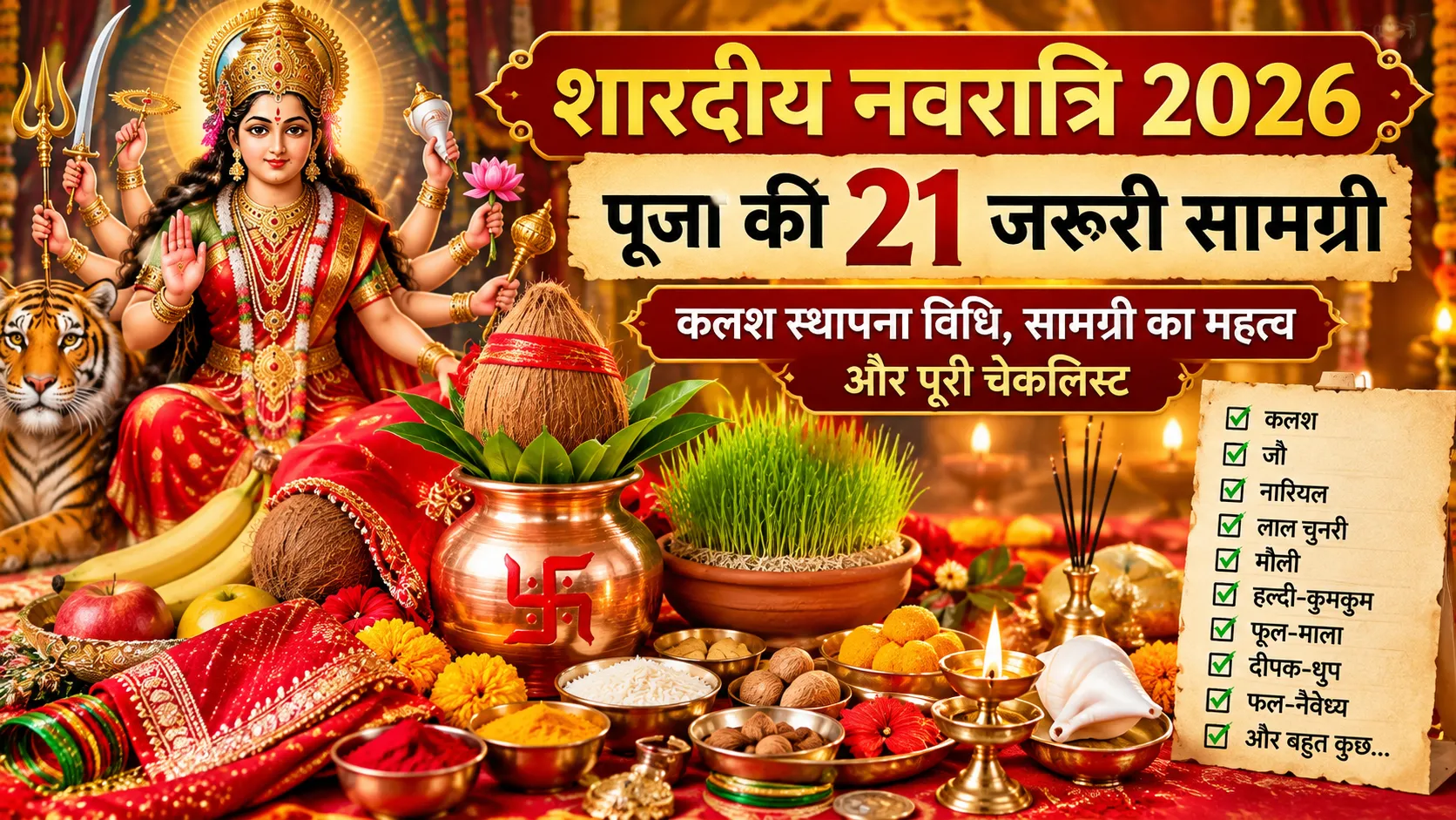 शारदीय नवरात्रि 2026 की 21 पूजन सामग्री, मां दुर्गा, कलश, नारियल, जौ, लाल चुनरी, फूल और दीपक के साथ