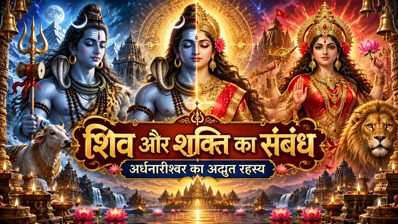 भगवान शिव, मां दुर्गा और बीच में अर्धनारीश्वर का दिव्य स्वरूप, शिव और शक्ति के संबंध का धार्मिक चित्रण