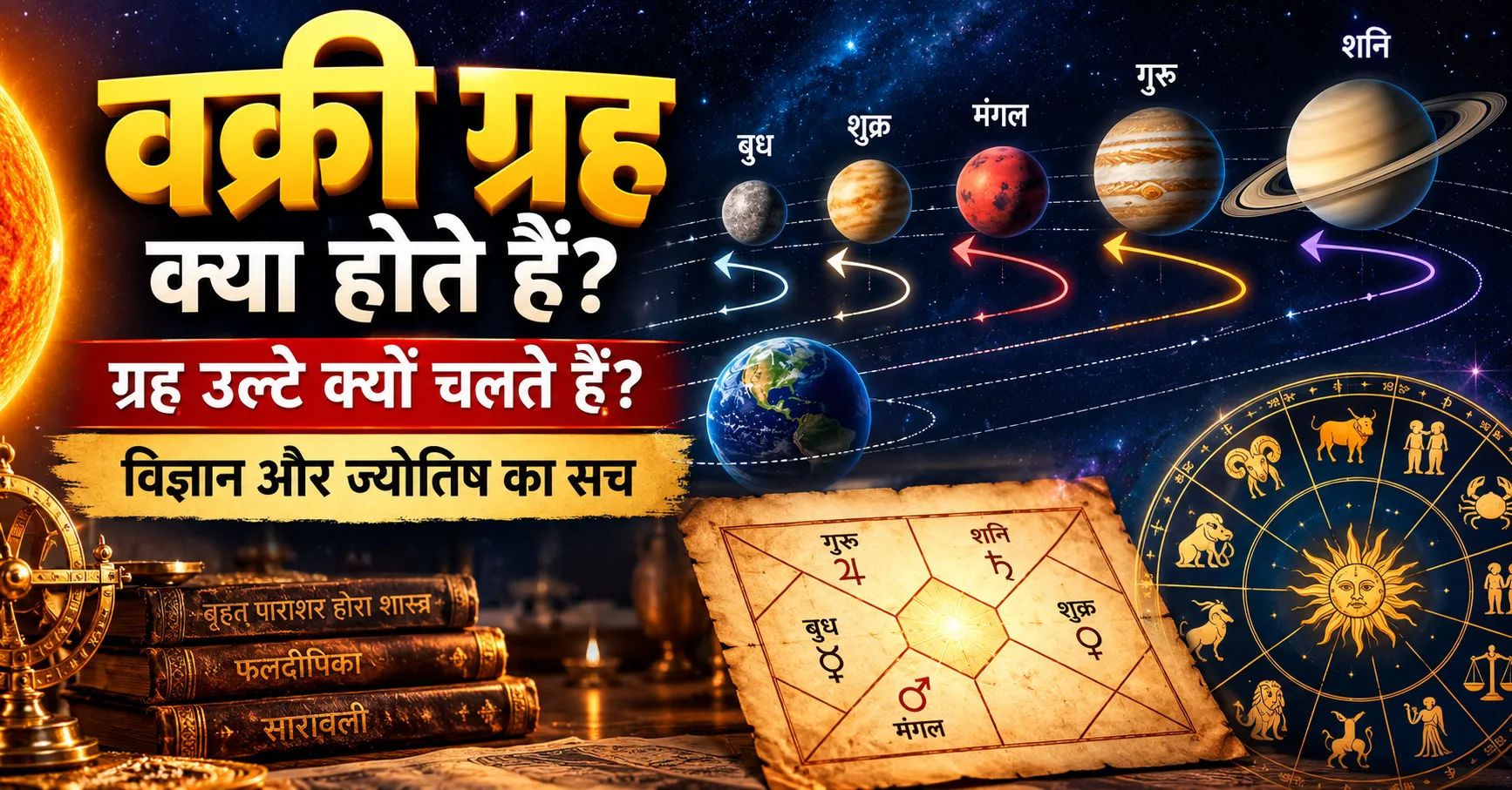 वक्री ग्रह क्या होते हैं समझाती इमेज, जिसमें बुध, शुक्र, मंगल, गुरु और शनि के चित्र, उल्टी चाल के तीर, पृथ्वी और ज्योतिषीय कुंडली दिखाई गई है।