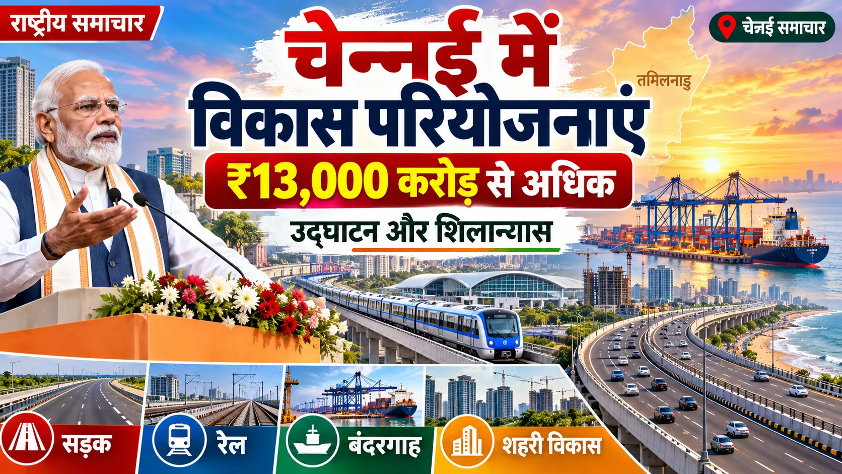 चेन्नई में ₹13,000 करोड़ से अधिक की विकास परियोजनाएं: प्रधानमंत्री ने किया उद्घाटन और शिलान्यास